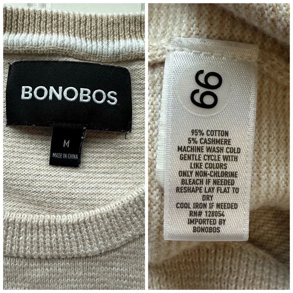 BONOBOS Crew Neck Sweater Beige Size Medium Cotton Cashmere Pullover